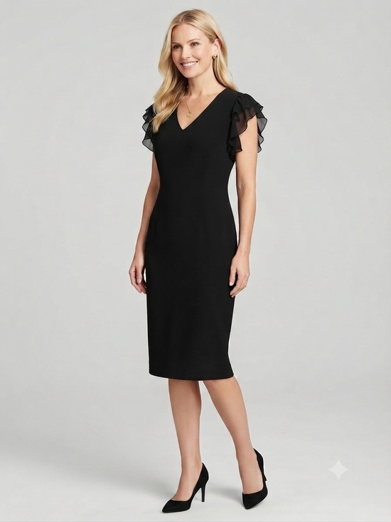 Donna Karan Dresses & Skirts - Donna Karan New York Black Ruffle Sleeve V-Neck Midi Dress Size 14 NWT